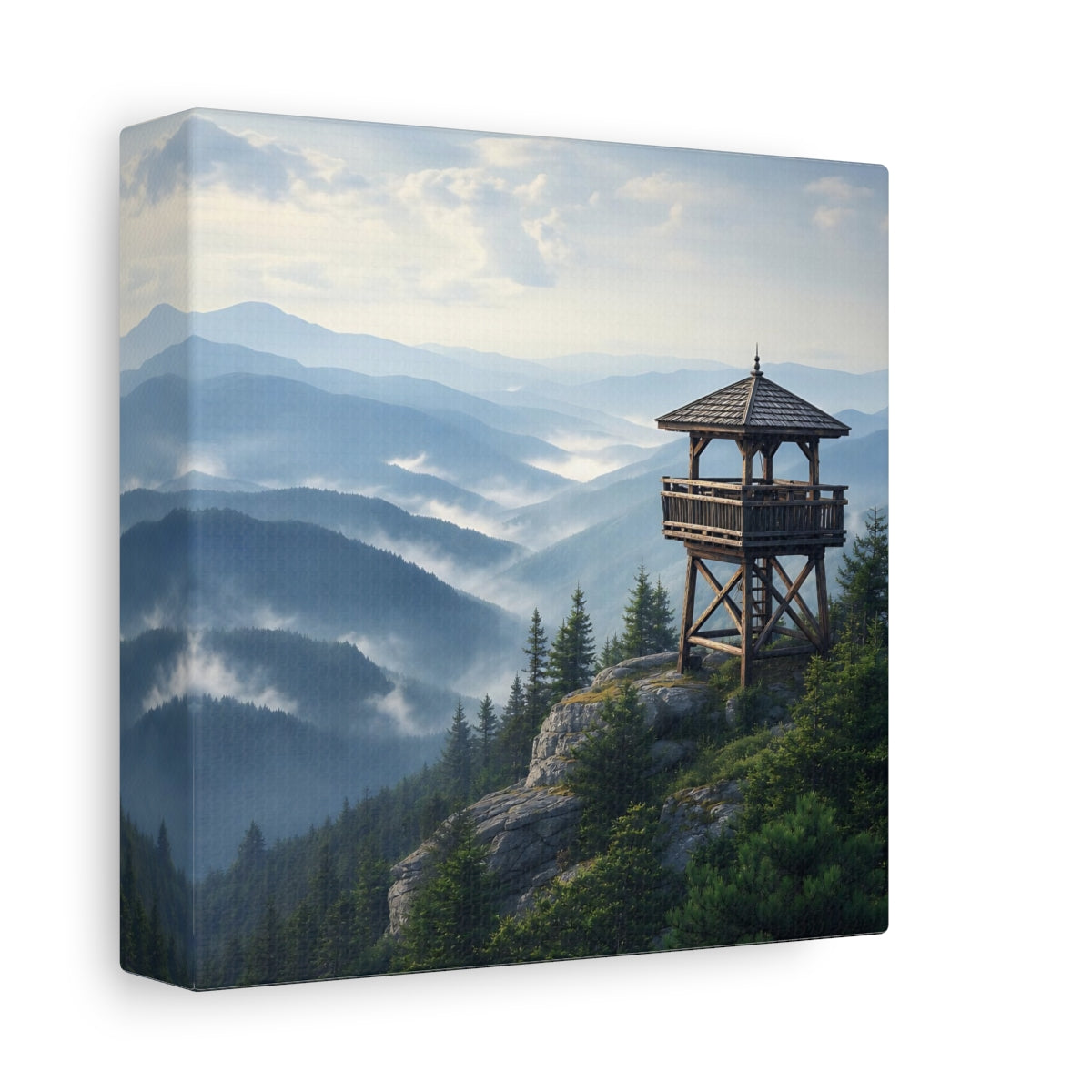 Side Mockup 2. Nature Lookout Tower Misty Mountain View shown as stretched canvas wall art