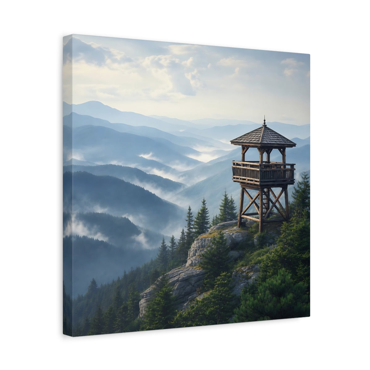 Side Mockup 6. Nature Lookout Tower Misty Mountain View shown as stretched canvas wall art