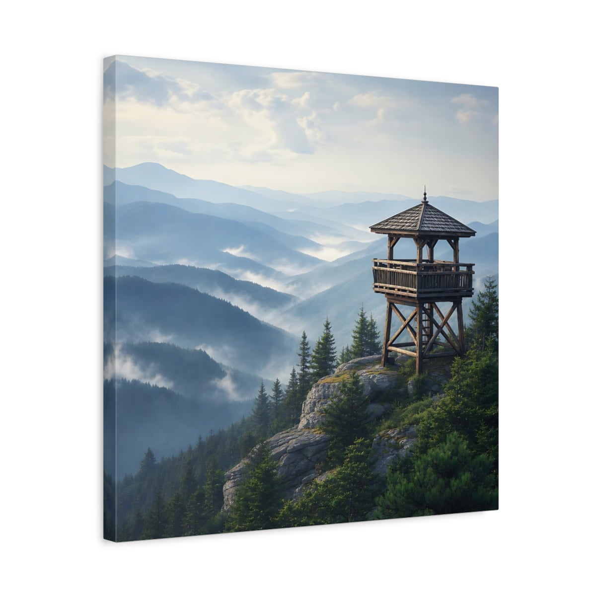 Side Mockup 5. Nature Lookout Tower Misty Mountain View shown as stretched canvas wall art