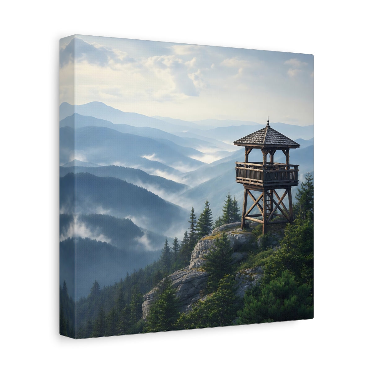 Side Mockup 9. Nature Lookout Tower Misty Mountain View shown as stretched canvas wall art