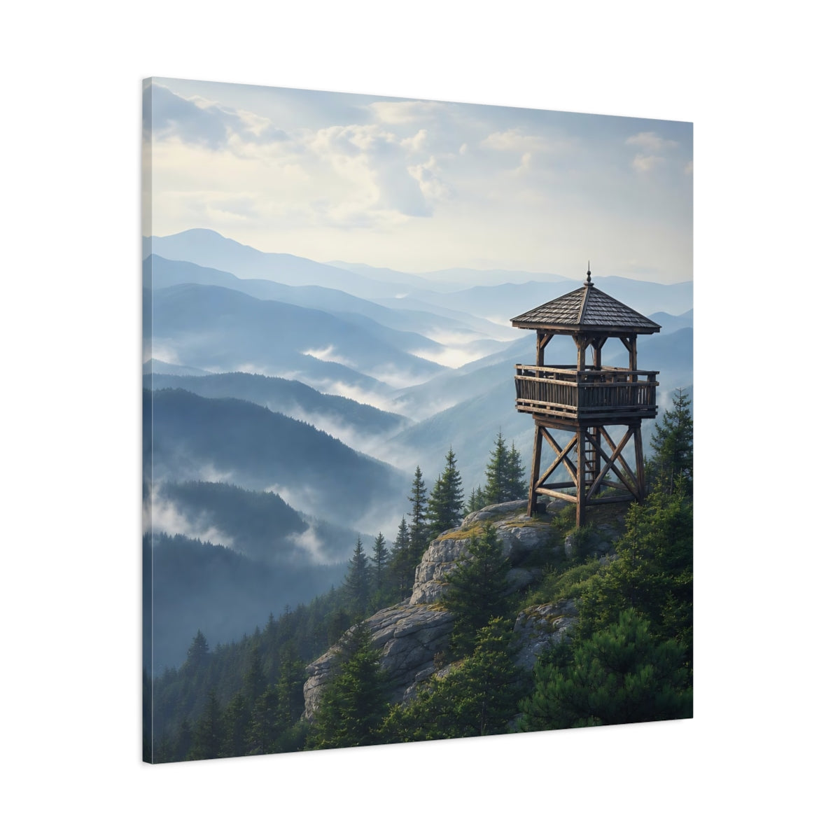 Side Mockup 1. Nature Lookout Tower Misty Mountain View shown as stretched canvas wall art