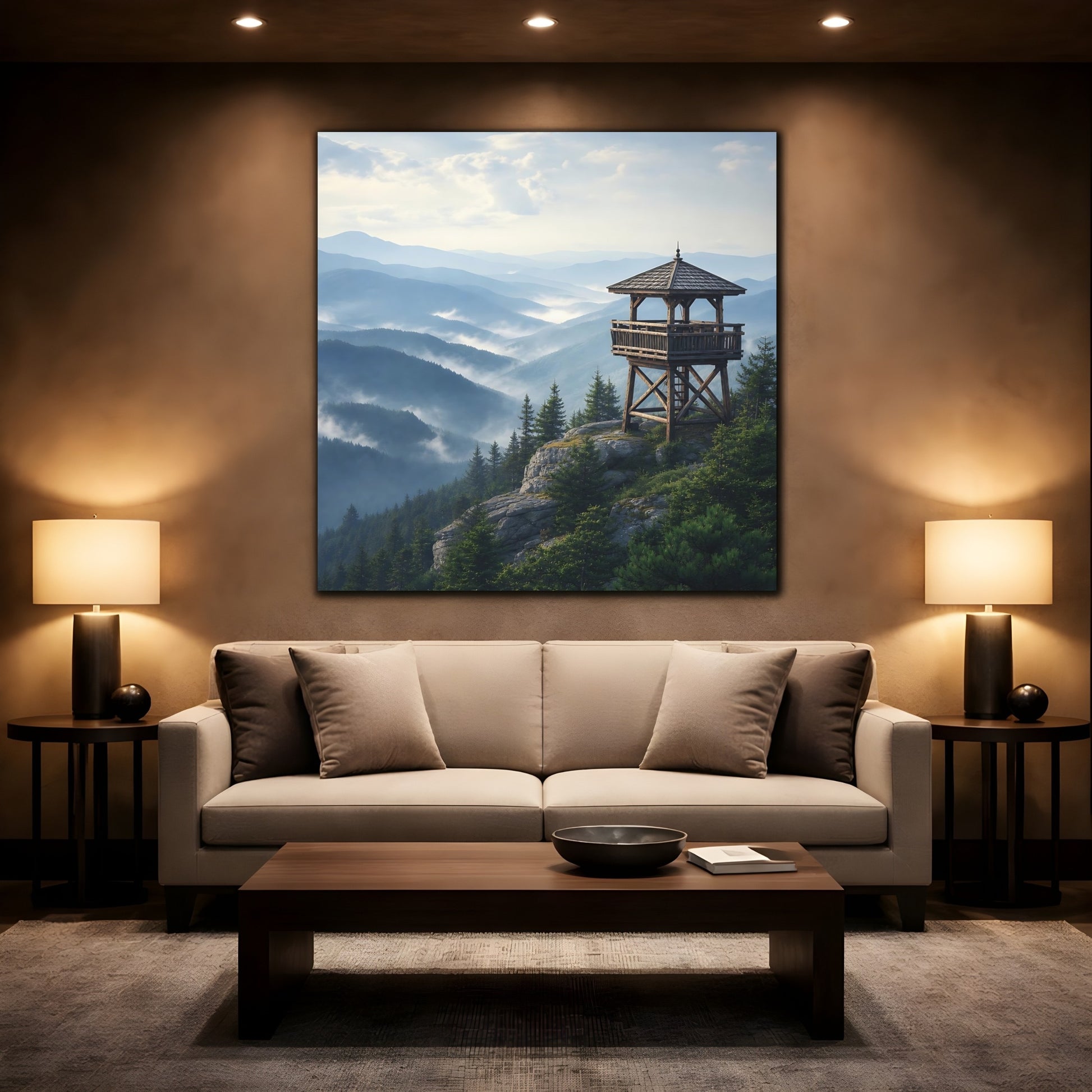 Mockup 2. Nature Lookout Tower Misty Mountain View shown as stretched canvas wall art