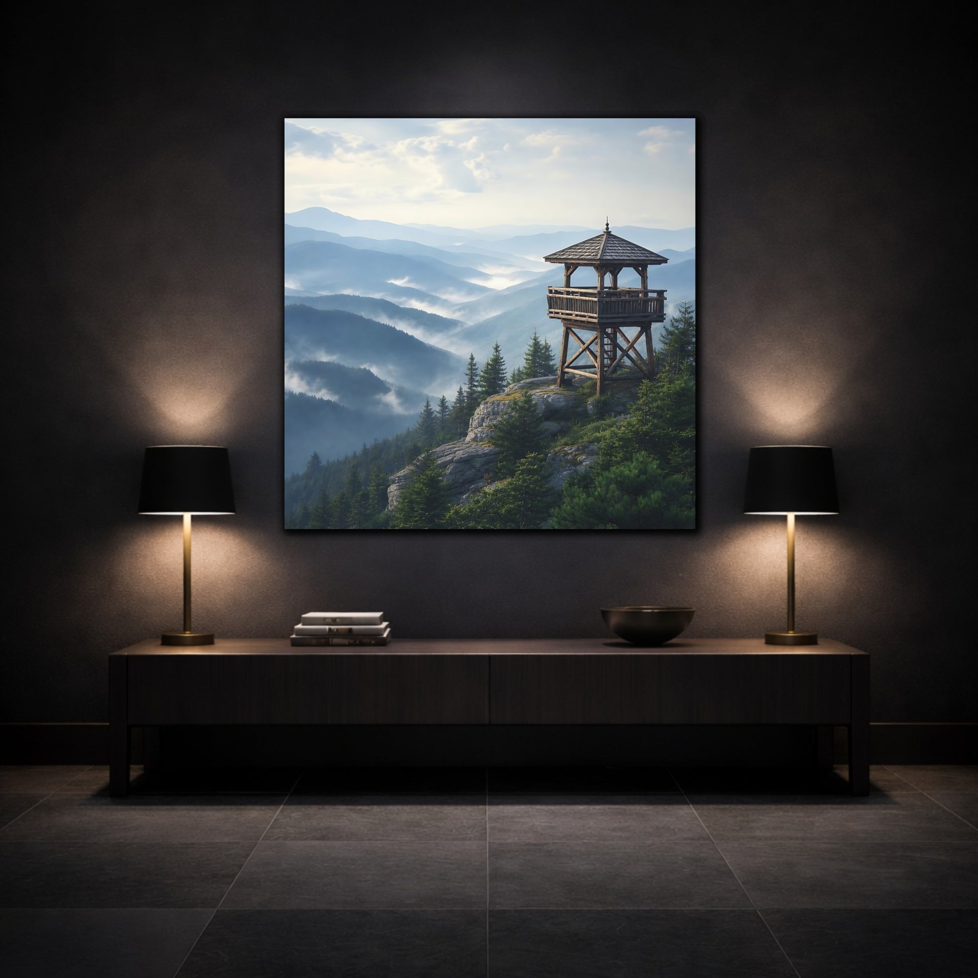 Mockup 3. Nature Lookout Tower Misty Mountain View shown as stretched canvas wall art