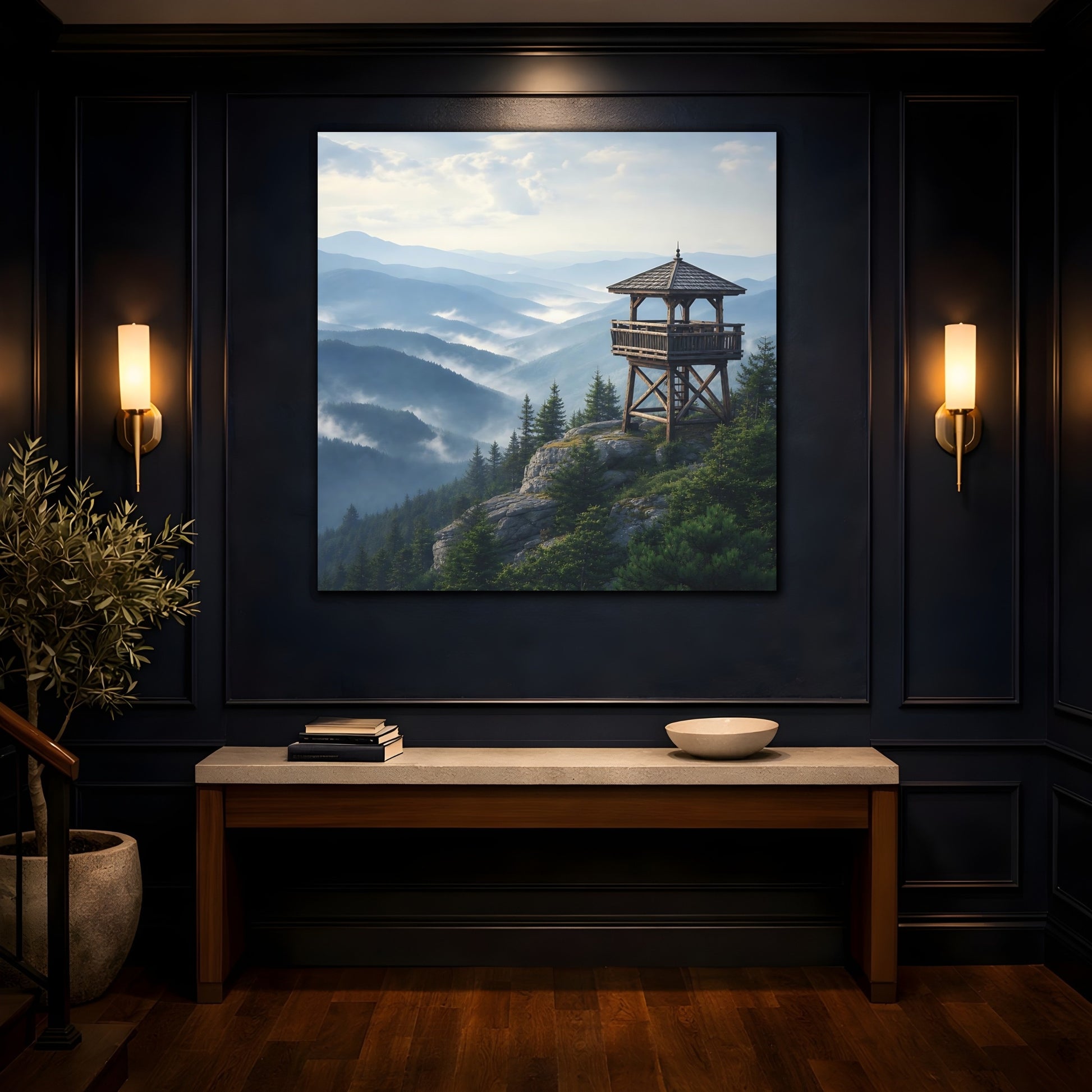 Mockup 4. Nature Lookout Tower Misty Mountain View shown as stretched canvas wall art