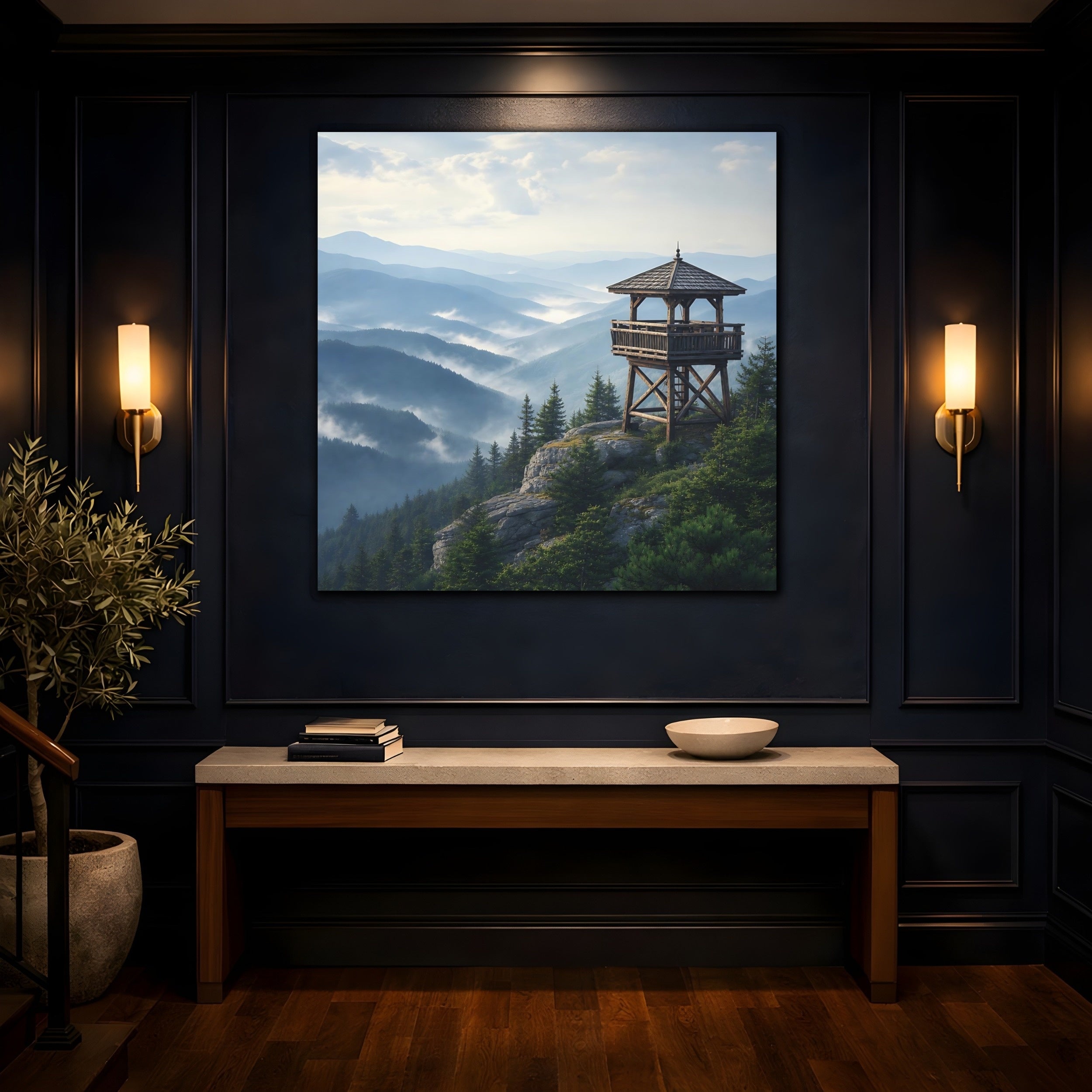 Mockup 4. Nature Lookout Tower Misty Mountain View shown as stretched canvas wall art