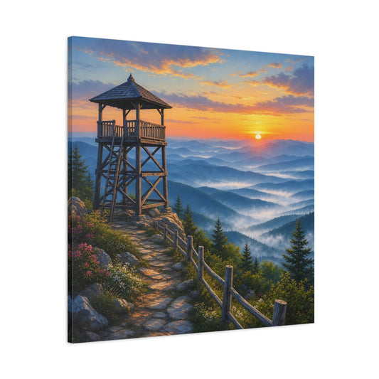 Main Mockup. Nature Lookout Tower Mountain Landscape Orange shown as stretched canvas wall art