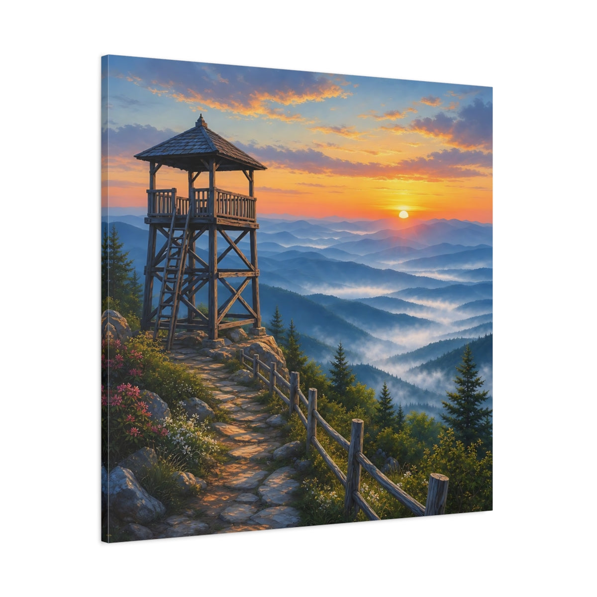Side Mockup 1. Nature Lookout Tower Mountain Landscape Orange shown as stretched canvas wall art