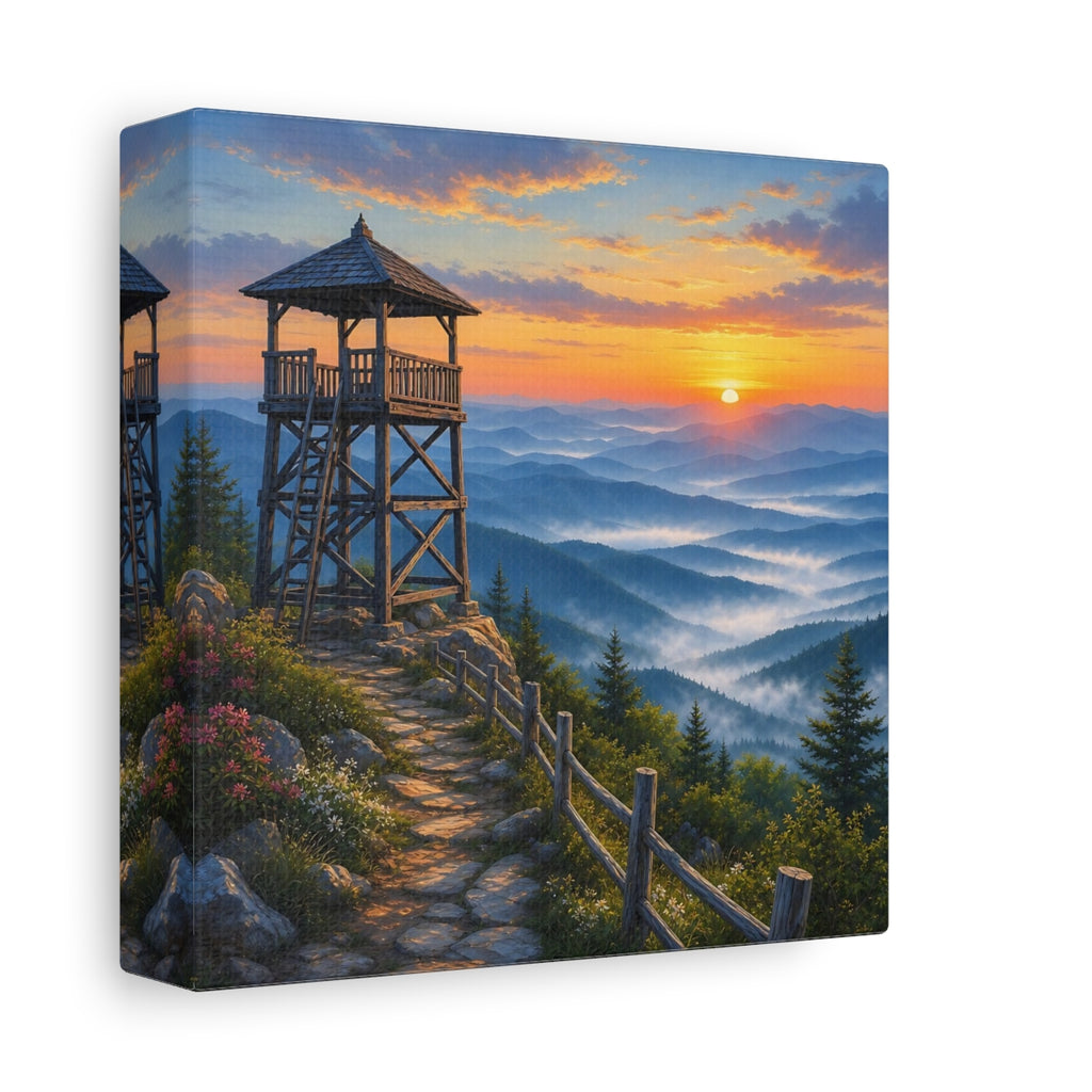 Side Mockup 2. Nature Lookout Tower Mountain Landscape Orange shown as stretched canvas wall art
