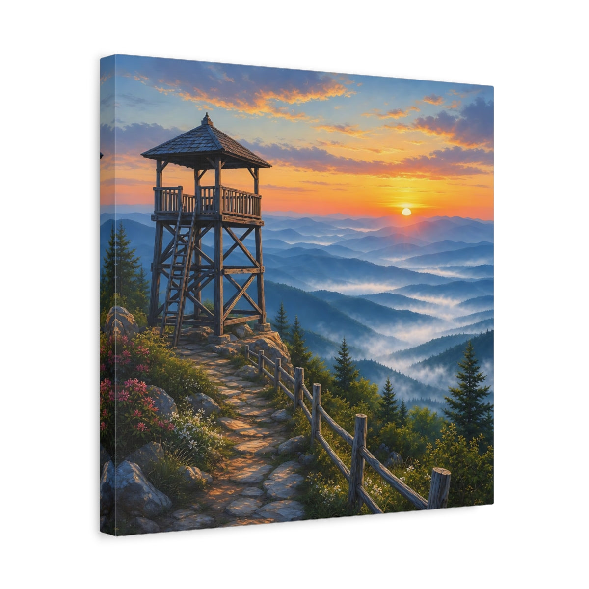 Side Mockup 6. Nature Lookout Tower Mountain Landscape Orange shown as stretched canvas wall art