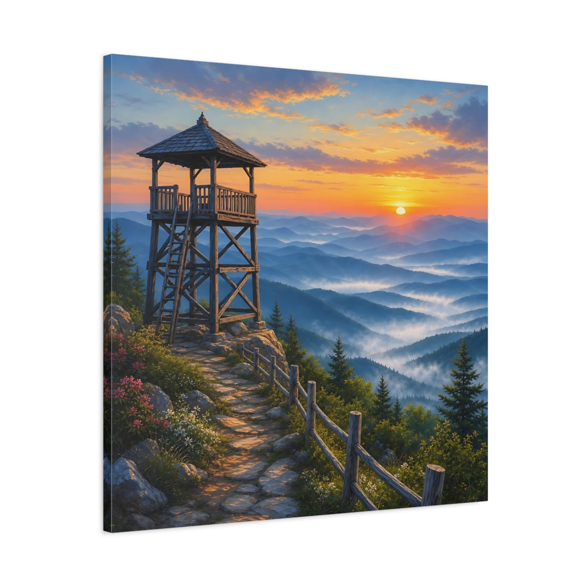 Side Mockup 3. Nature Lookout Tower Mountain Landscape Orange shown as stretched canvas wall art