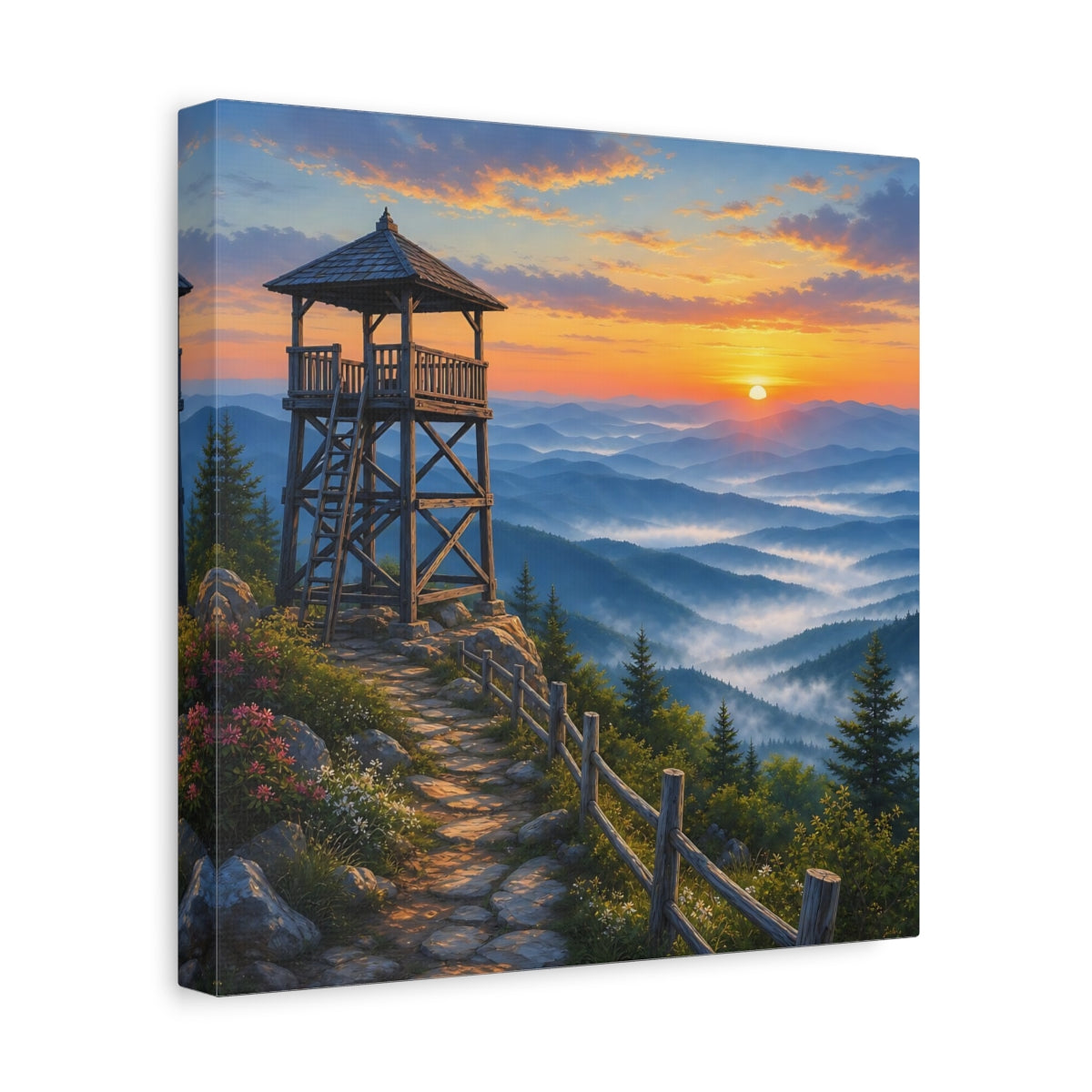 Side Mockup 8. Nature Lookout Tower Mountain Landscape Orange shown as stretched canvas wall art