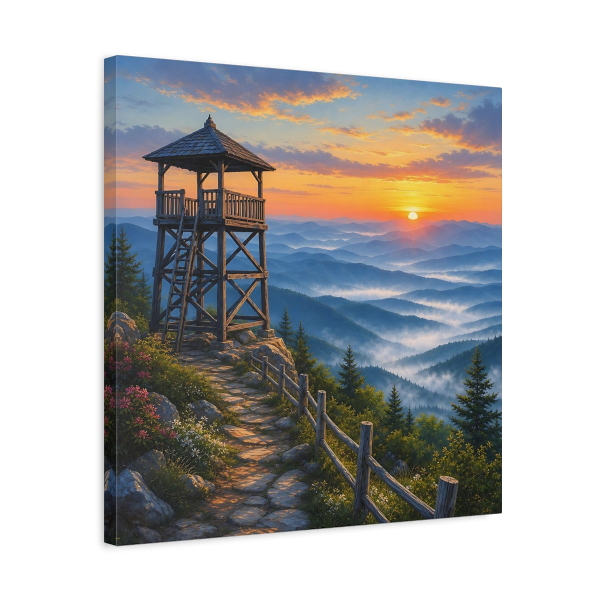 Side Mockup 5. Nature Lookout Tower Mountain Landscape Orange shown as stretched canvas wall art