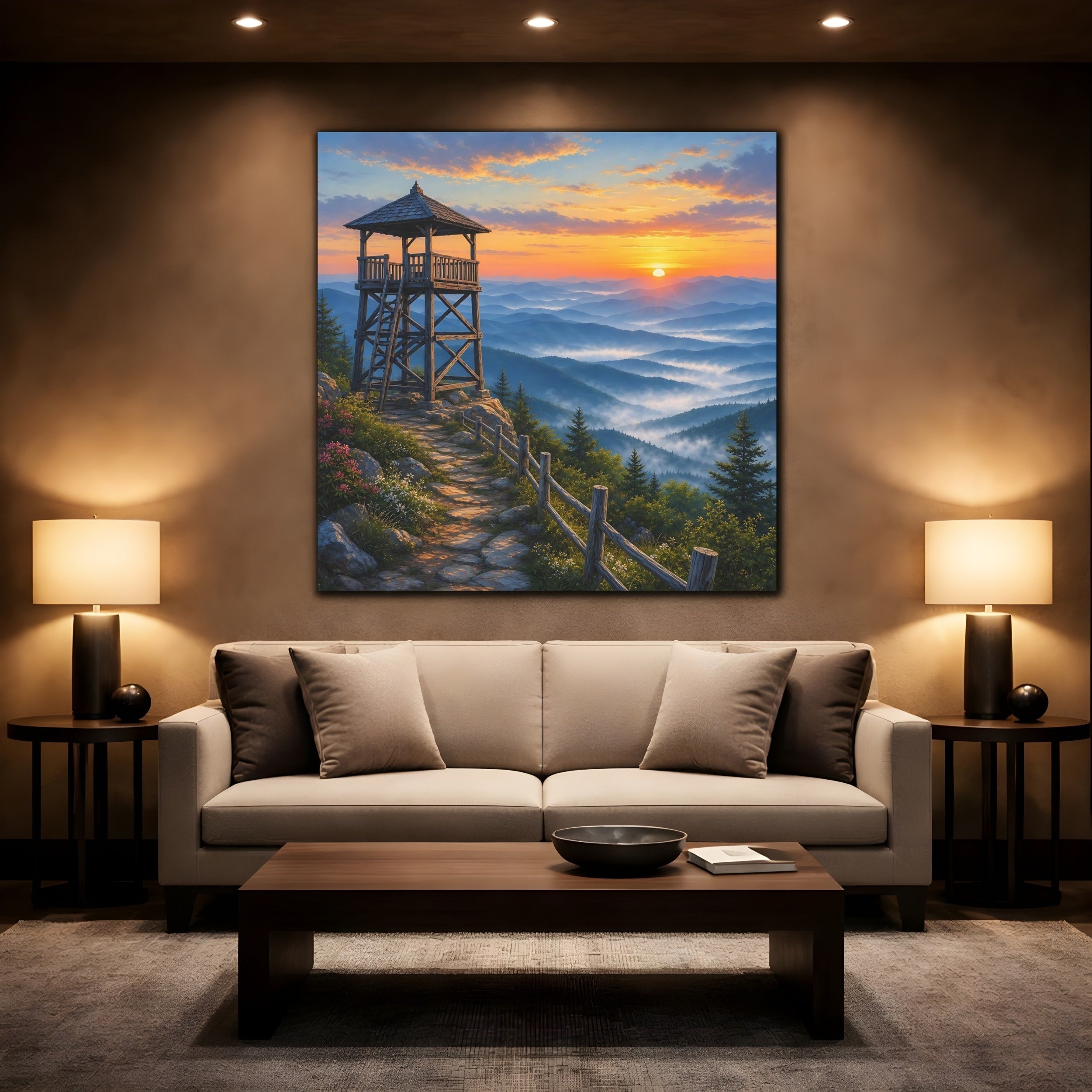 Mockup 2. Nature Lookout Tower Mountain Landscape Orange shown as stretched canvas wall art