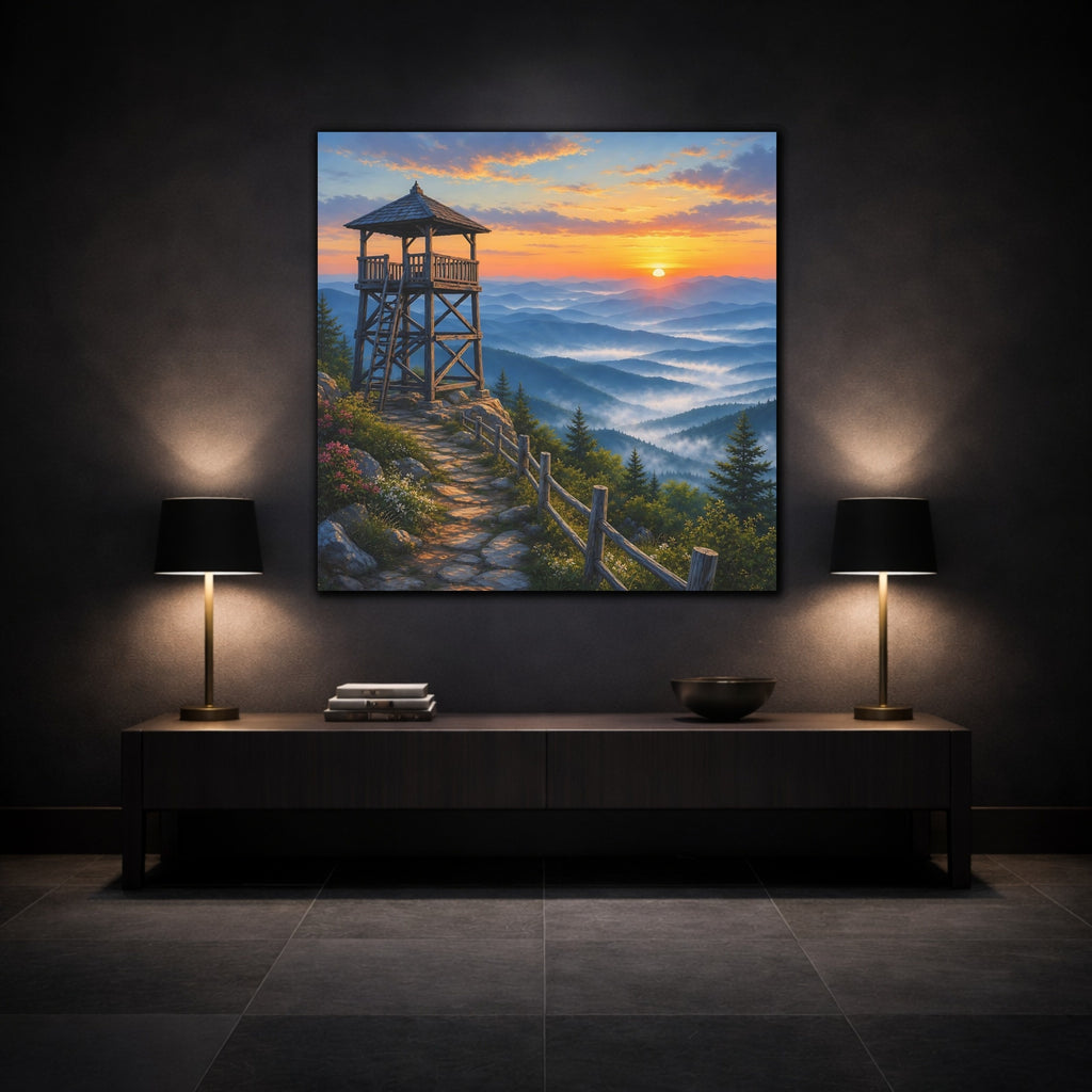 Mockup 3. Nature Lookout Tower Mountain Landscape Orange shown as stretched canvas wall art