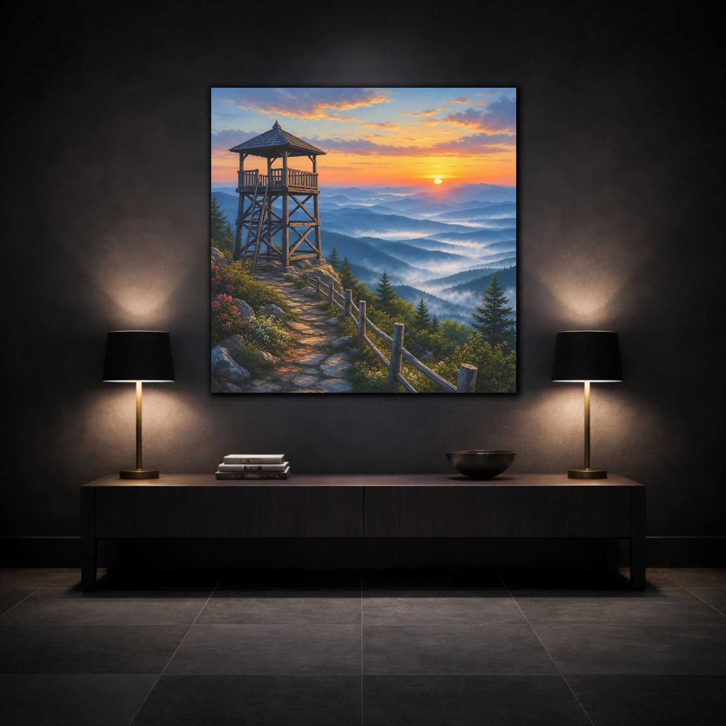Mockup 3. Nature Lookout Tower Mountain Landscape Orange shown as stretched canvas wall art