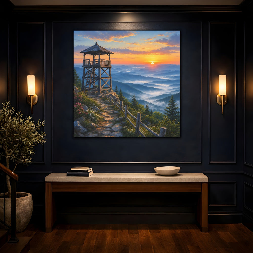 Mockup 4. Nature Lookout Tower Mountain Landscape Orange shown as stretched canvas wall art