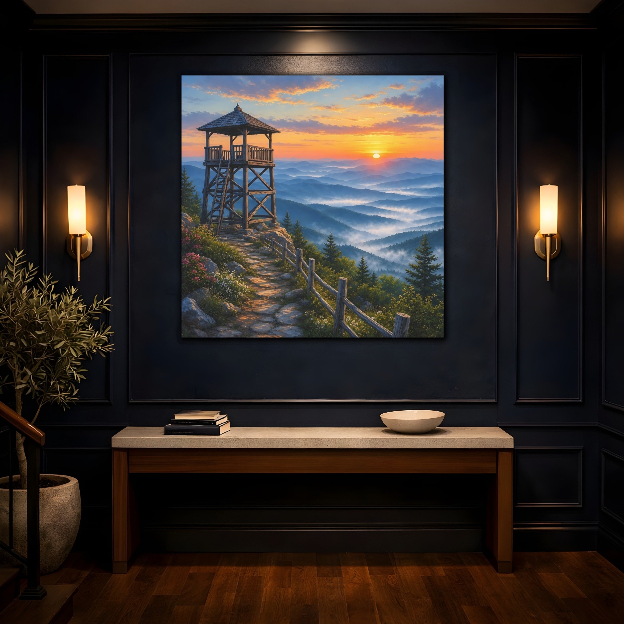 Mockup 4. Nature Lookout Tower Mountain Landscape Orange shown as stretched canvas wall art