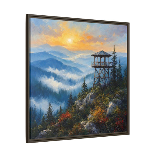 Main Mockup. Nature Lookout Tower Mountain Sunset shown as stretched canvas wall art