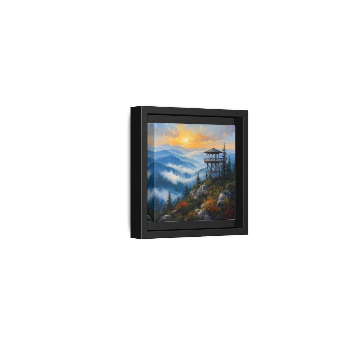 Side Mockup 24. Nature Lookout Tower Mountain Sunset shown as stretched canvas wall art