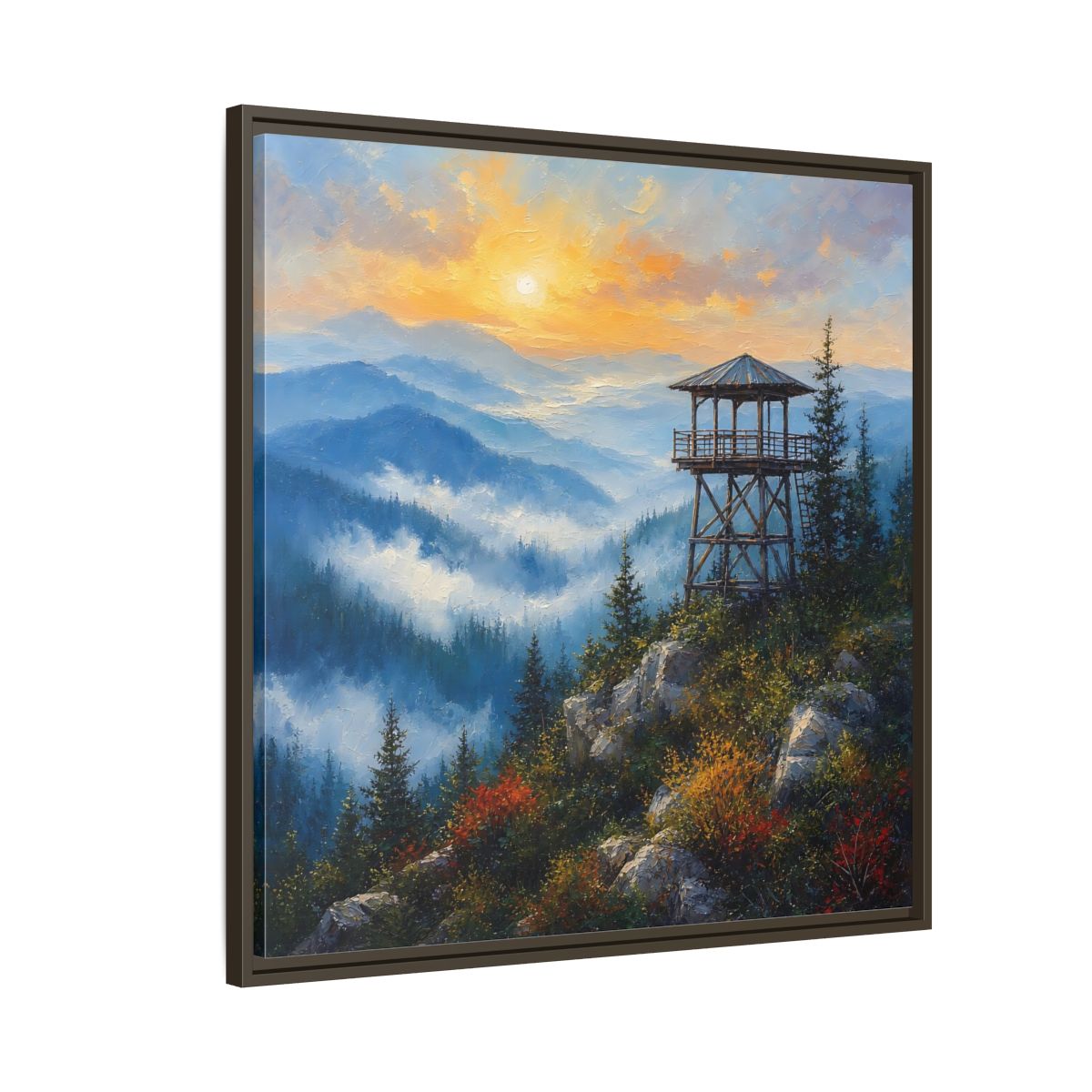 Side Mockup 8. Nature Lookout Tower Mountain Sunset shown as stretched canvas wall art