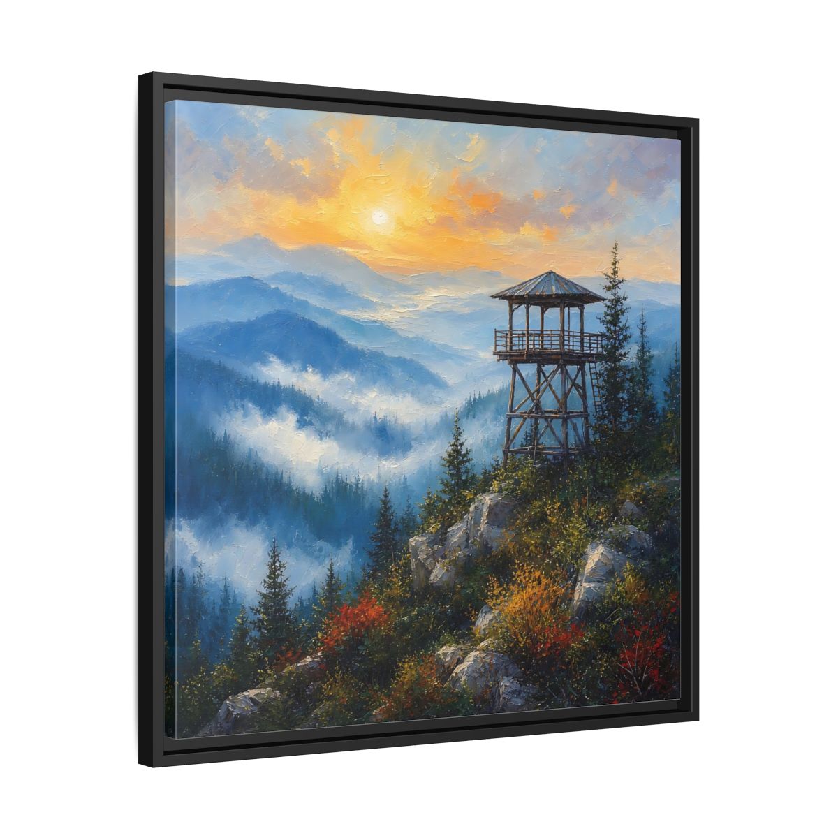 Side Mockup 31. Nature Lookout Tower Mountain Sunset shown as stretched canvas wall art