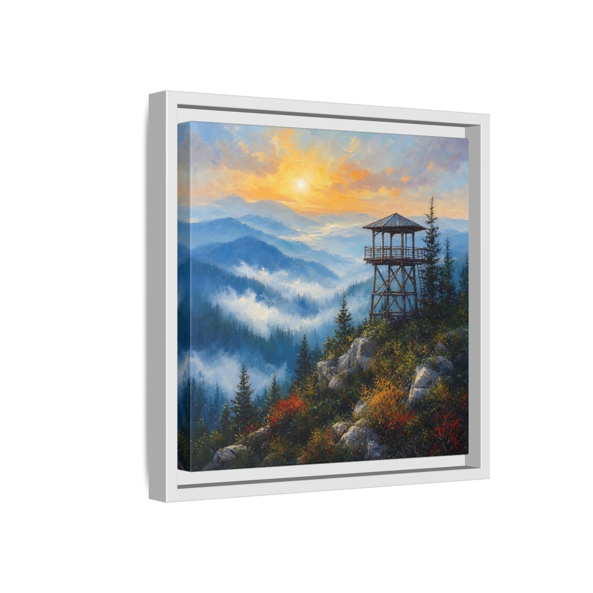 Side Mockup 16. Nature Lookout Tower Mountain Sunset shown as stretched canvas wall art