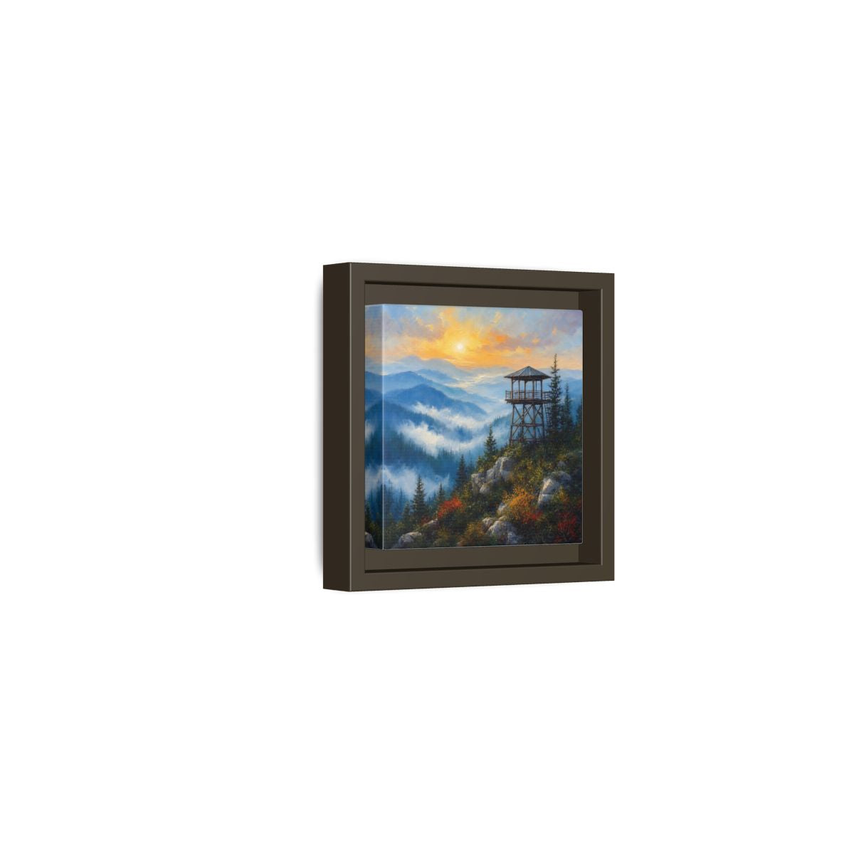 Side Mockup 23. Nature Lookout Tower Mountain Sunset shown as stretched canvas wall art
