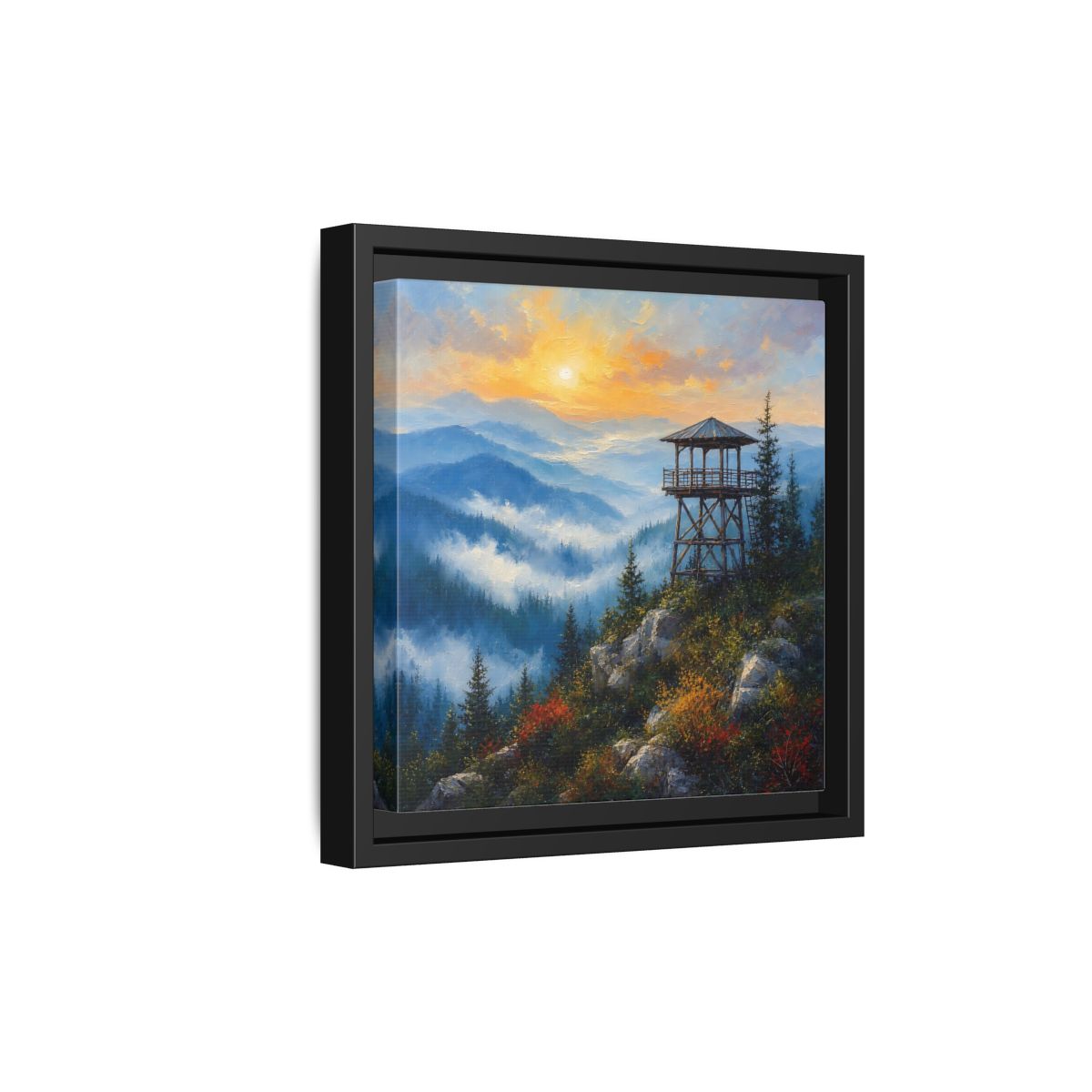 Side Mockup 21. Nature Lookout Tower Mountain Sunset shown as stretched canvas wall art
