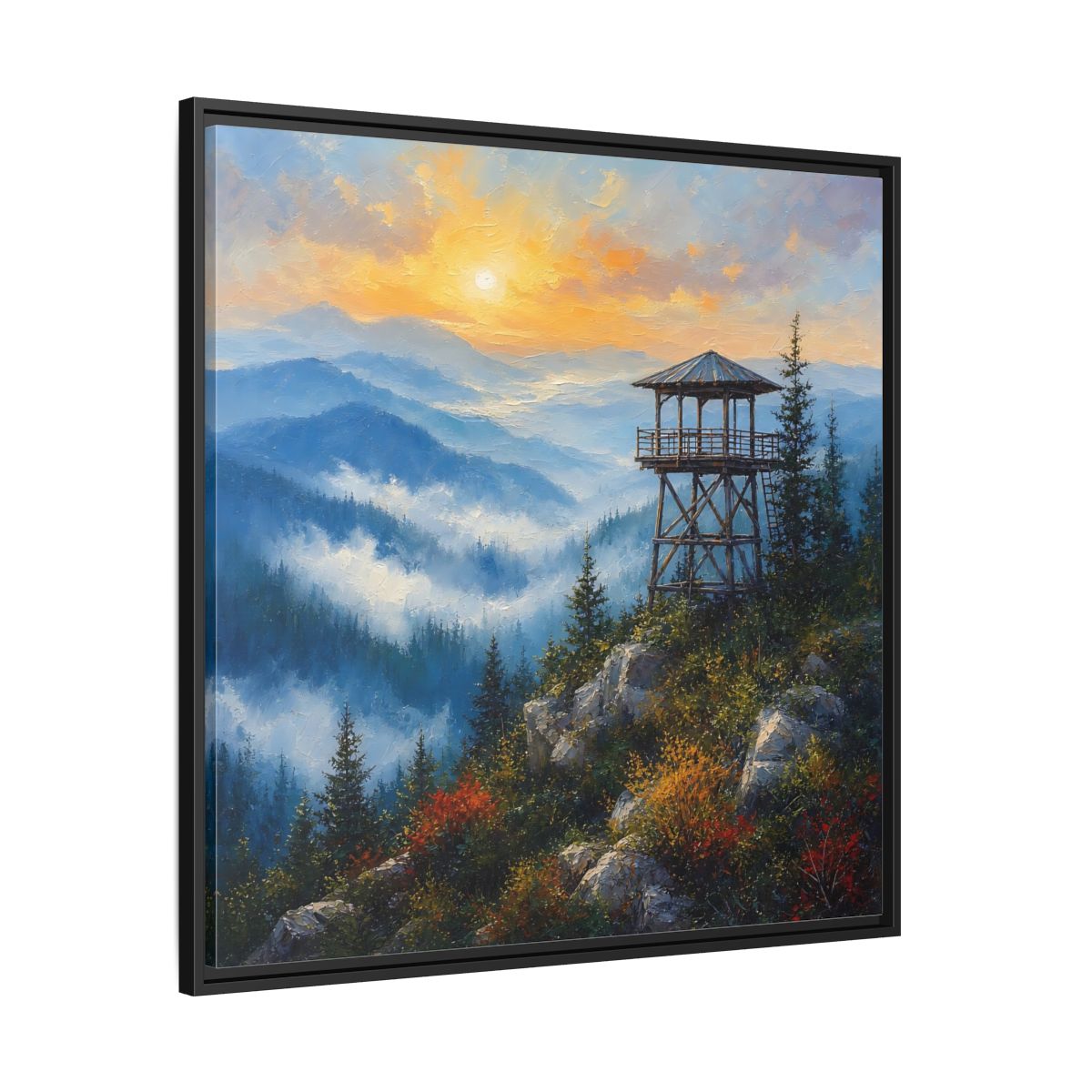 Side Mockup 30. Nature Lookout Tower Mountain Sunset shown as stretched canvas wall art