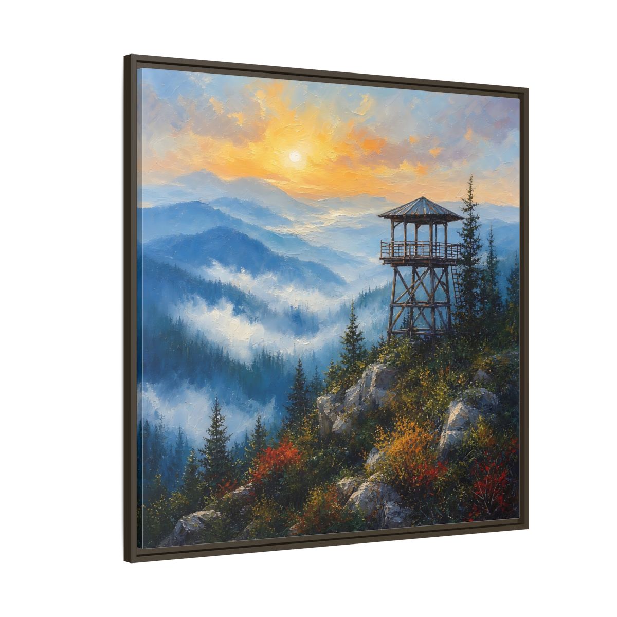 Side Mockup 5. Nature Lookout Tower Mountain Sunset shown as stretched canvas wall art