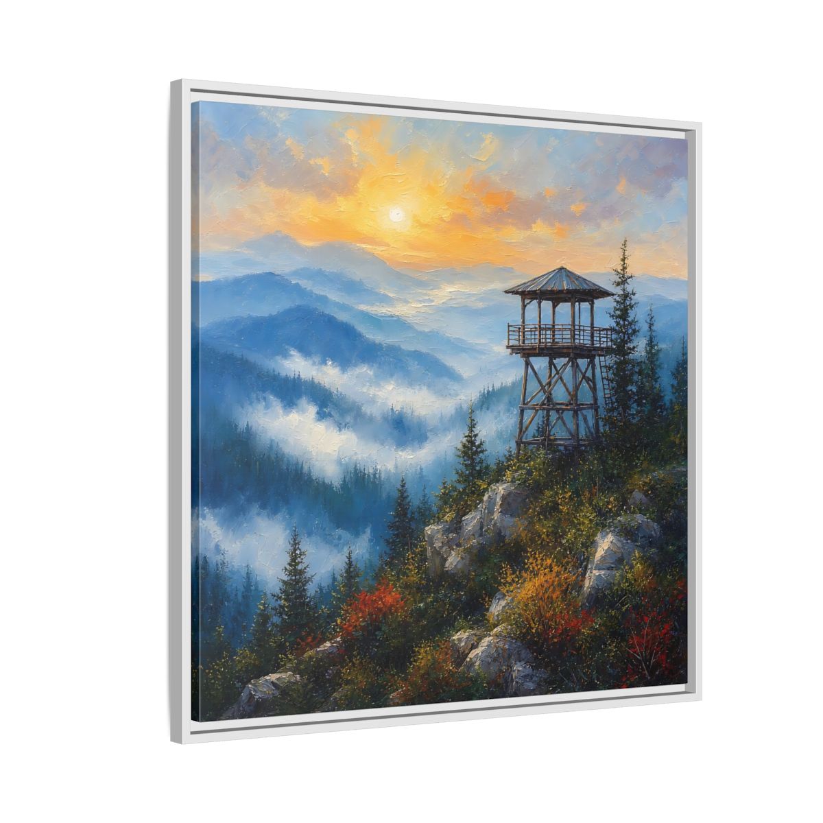 Side Mockup 7. Nature Lookout Tower Mountain Sunset shown as stretched canvas wall art