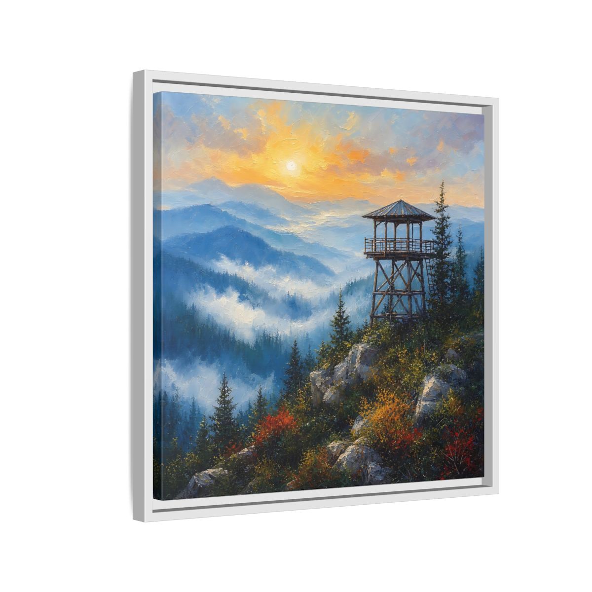 Side Mockup 10. Nature Lookout Tower Mountain Sunset shown as stretched canvas wall art