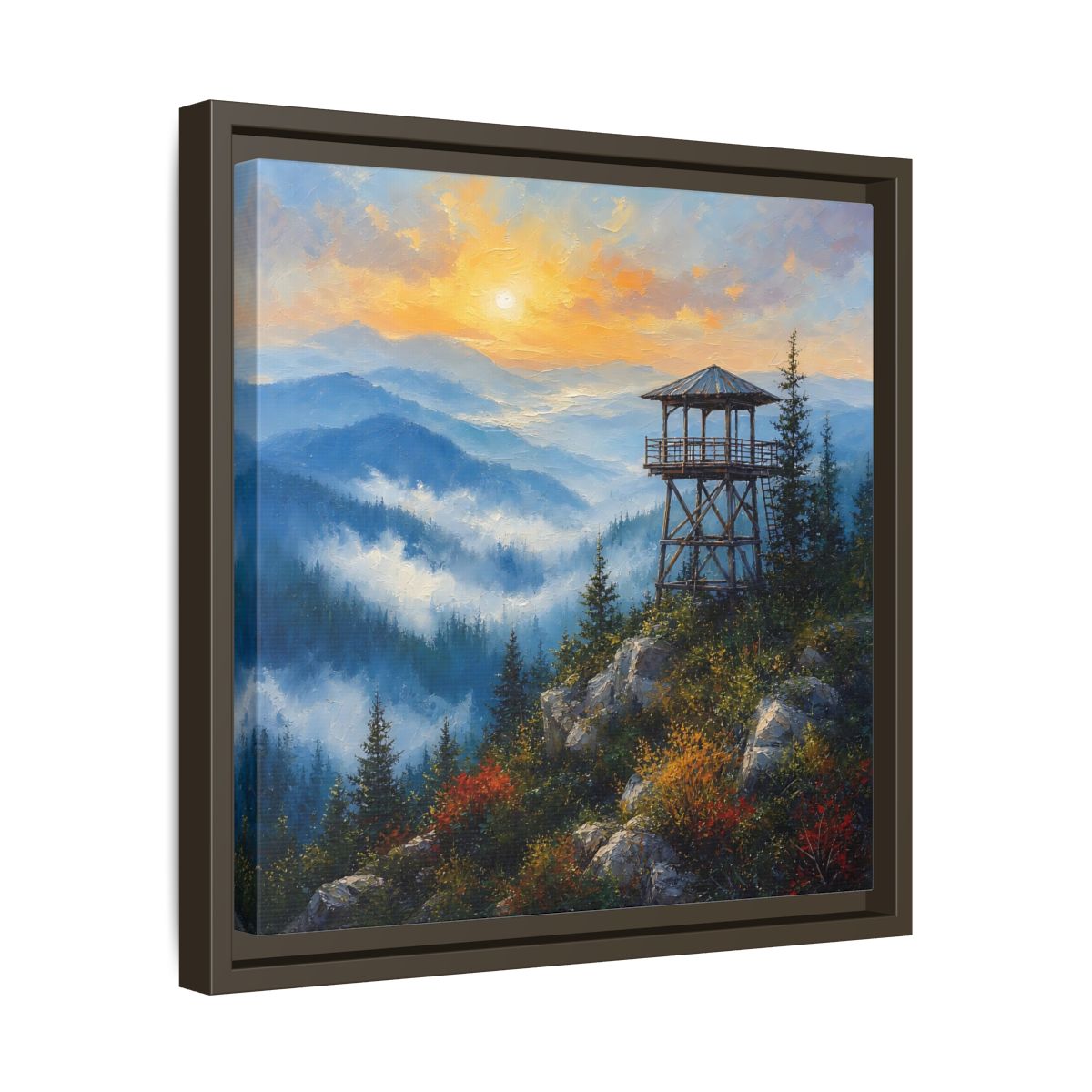 Side Mockup 29. Nature Lookout Tower Mountain Sunset shown as stretched canvas wall art