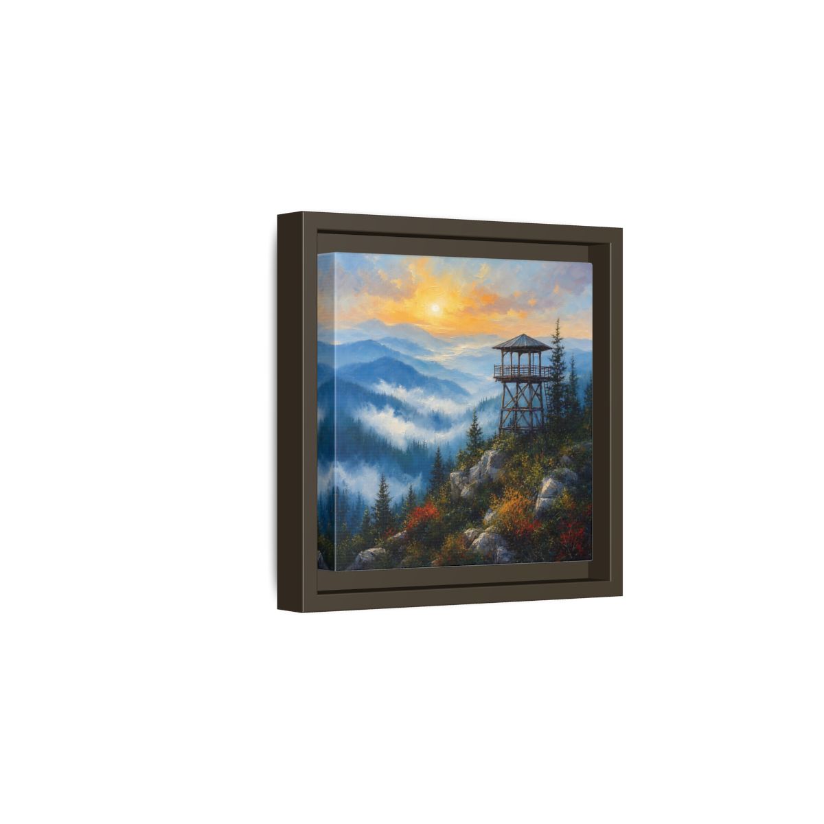 Side Mockup 2. Nature Lookout Tower Mountain Sunset shown as stretched canvas wall art