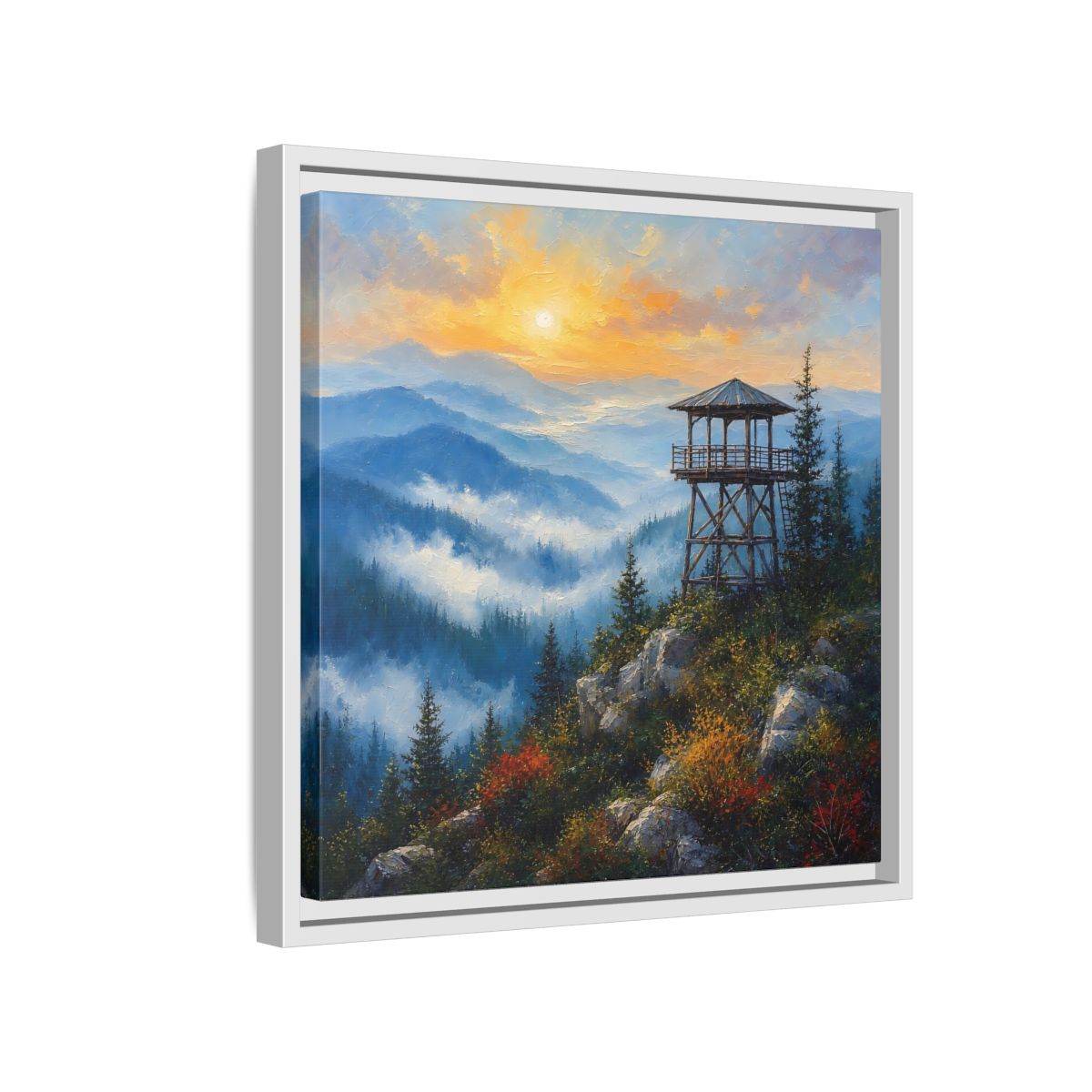 Side Mockup 13. Nature Lookout Tower Mountain Sunset shown as stretched canvas wall art