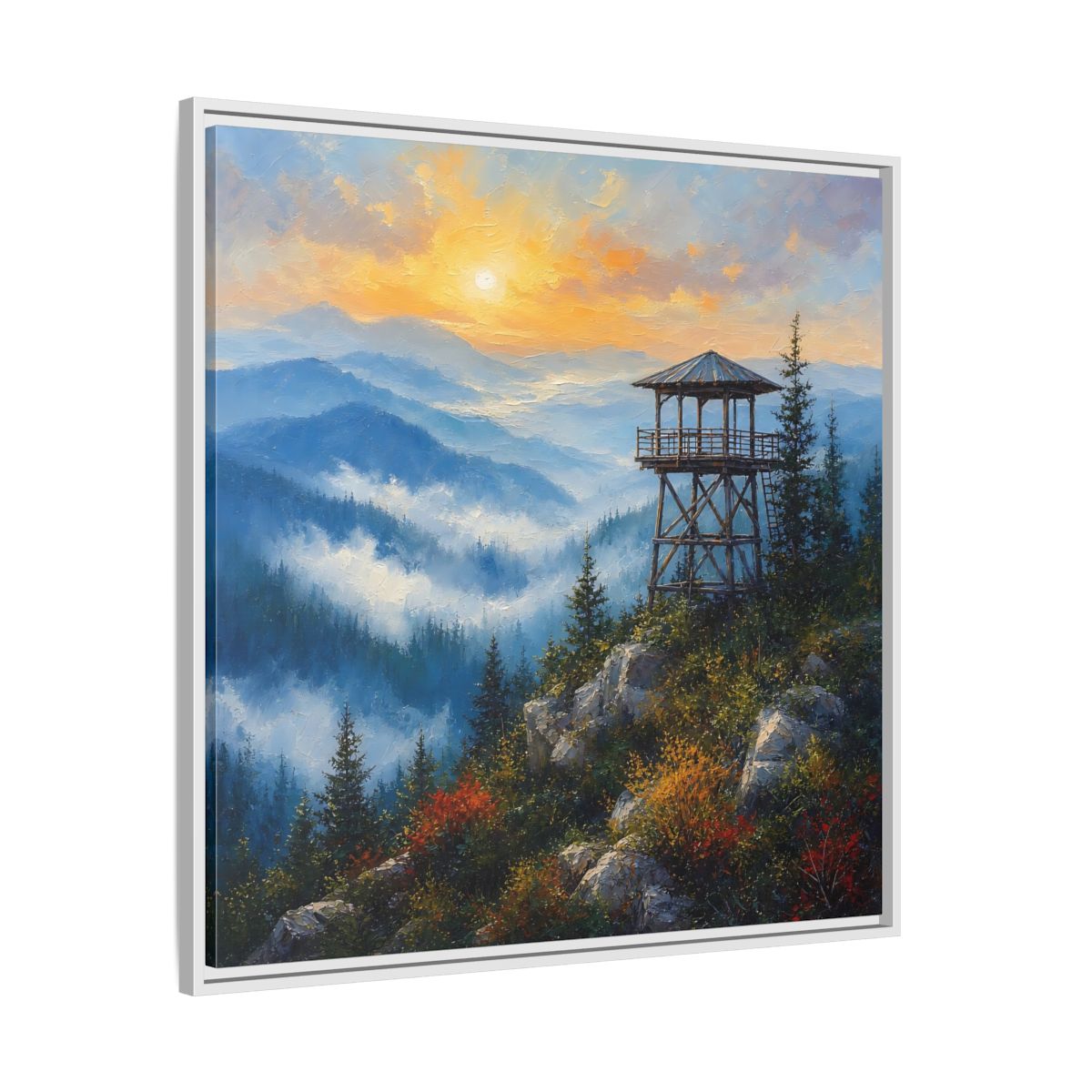 Side Mockup 25. Nature Lookout Tower Mountain Sunset shown as stretched canvas wall art