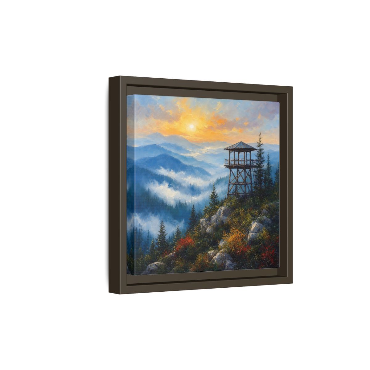 Side Mockup 20. Nature Lookout Tower Mountain Sunset shown as stretched canvas wall art