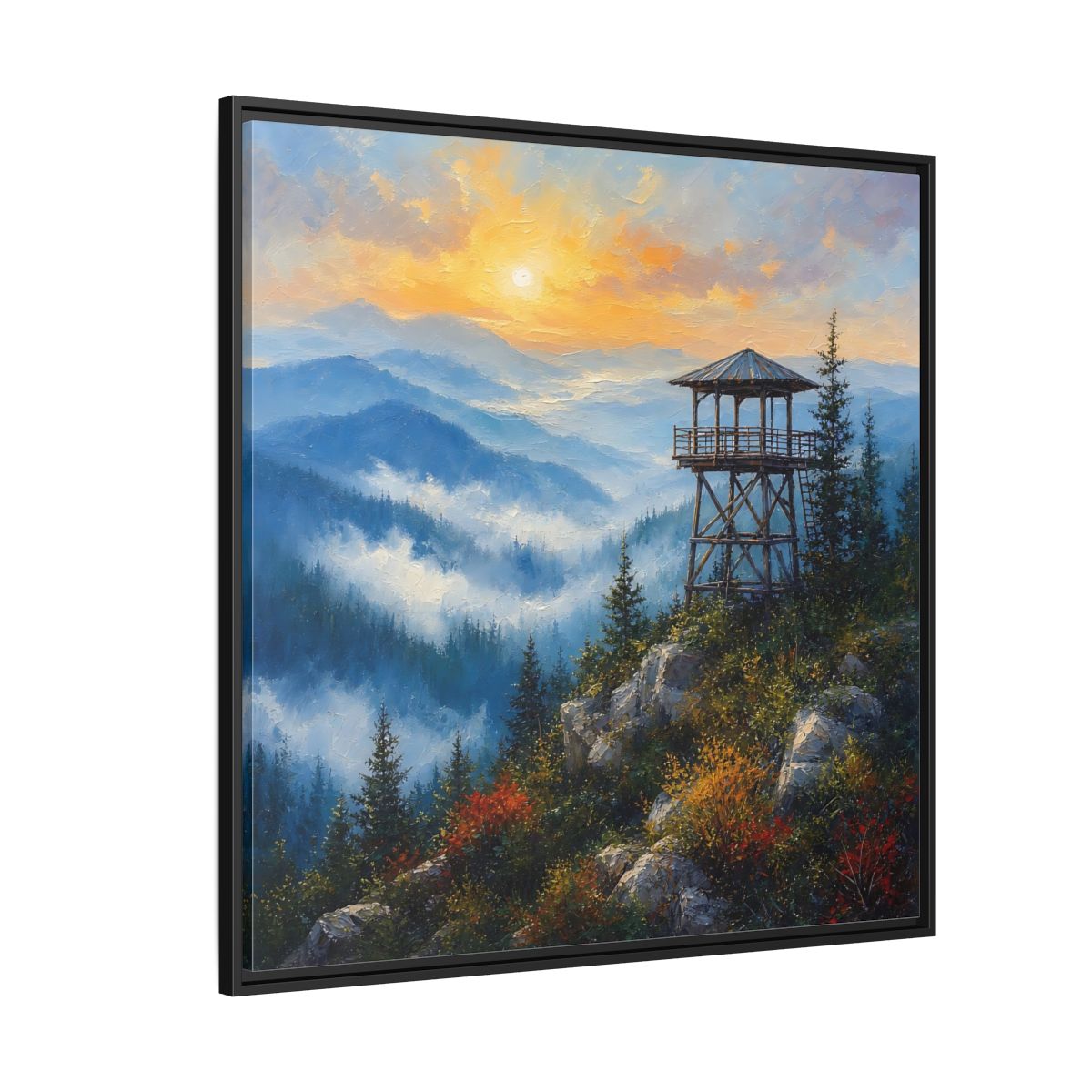 Side Mockup 6. Nature Lookout Tower Mountain Sunset shown as stretched canvas wall art