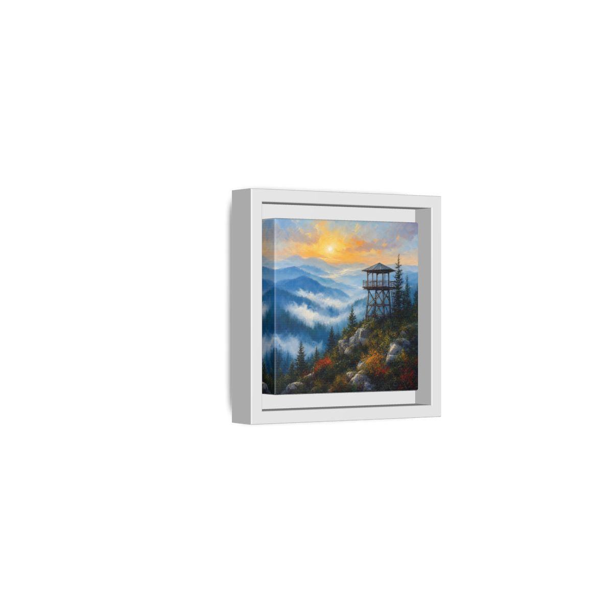 Side Mockup 22. Nature Lookout Tower Mountain Sunset shown as stretched canvas wall art