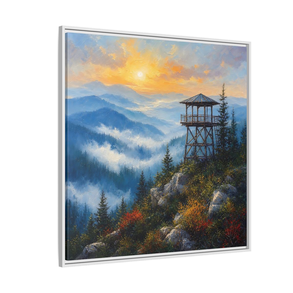 Side Mockup 4. Nature Lookout Tower Mountain Sunset shown as stretched canvas wall art