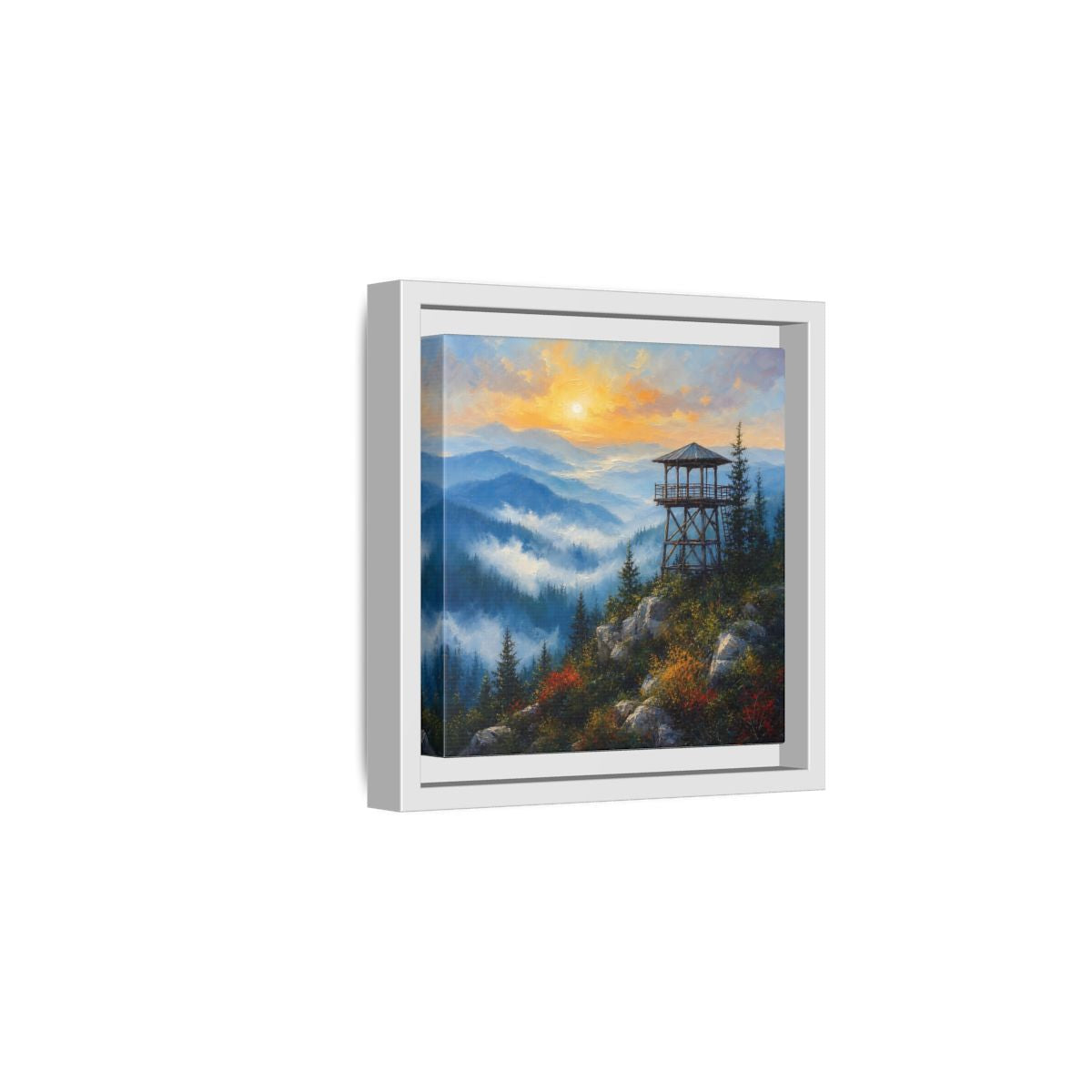 Side Mockup 1. Nature Lookout Tower Mountain Sunset shown as stretched canvas wall art