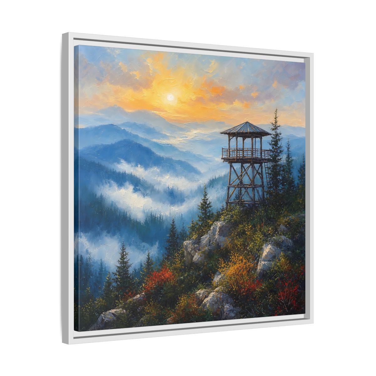Side Mockup 26. Nature Lookout Tower Mountain Sunset shown as stretched canvas wall art