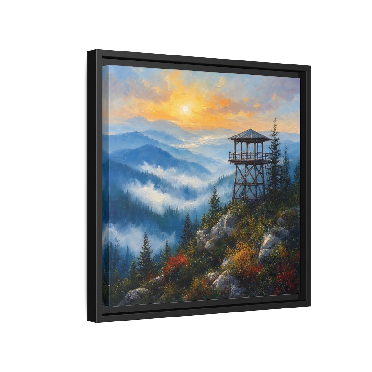 Side Mockup 15. Nature Lookout Tower Mountain Sunset shown as stretched canvas wall art