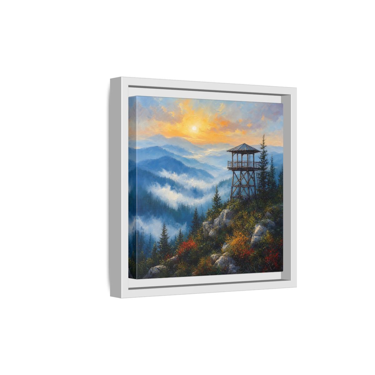 Side Mockup 19. Nature Lookout Tower Mountain Sunset shown as stretched canvas wall art