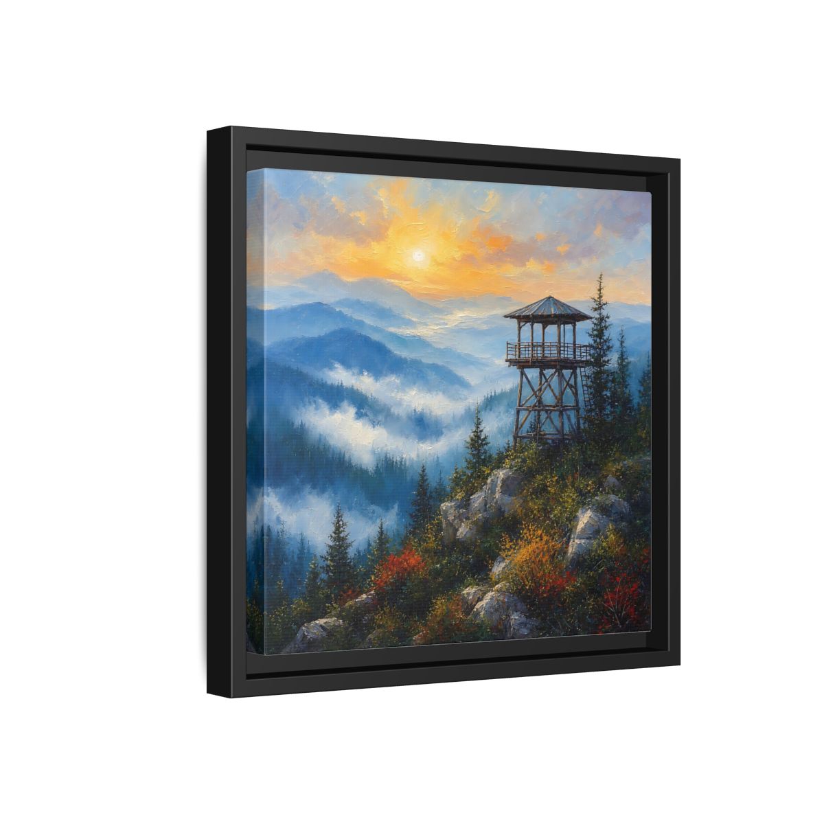 Side Mockup 18. Nature Lookout Tower Mountain Sunset shown as stretched canvas wall art