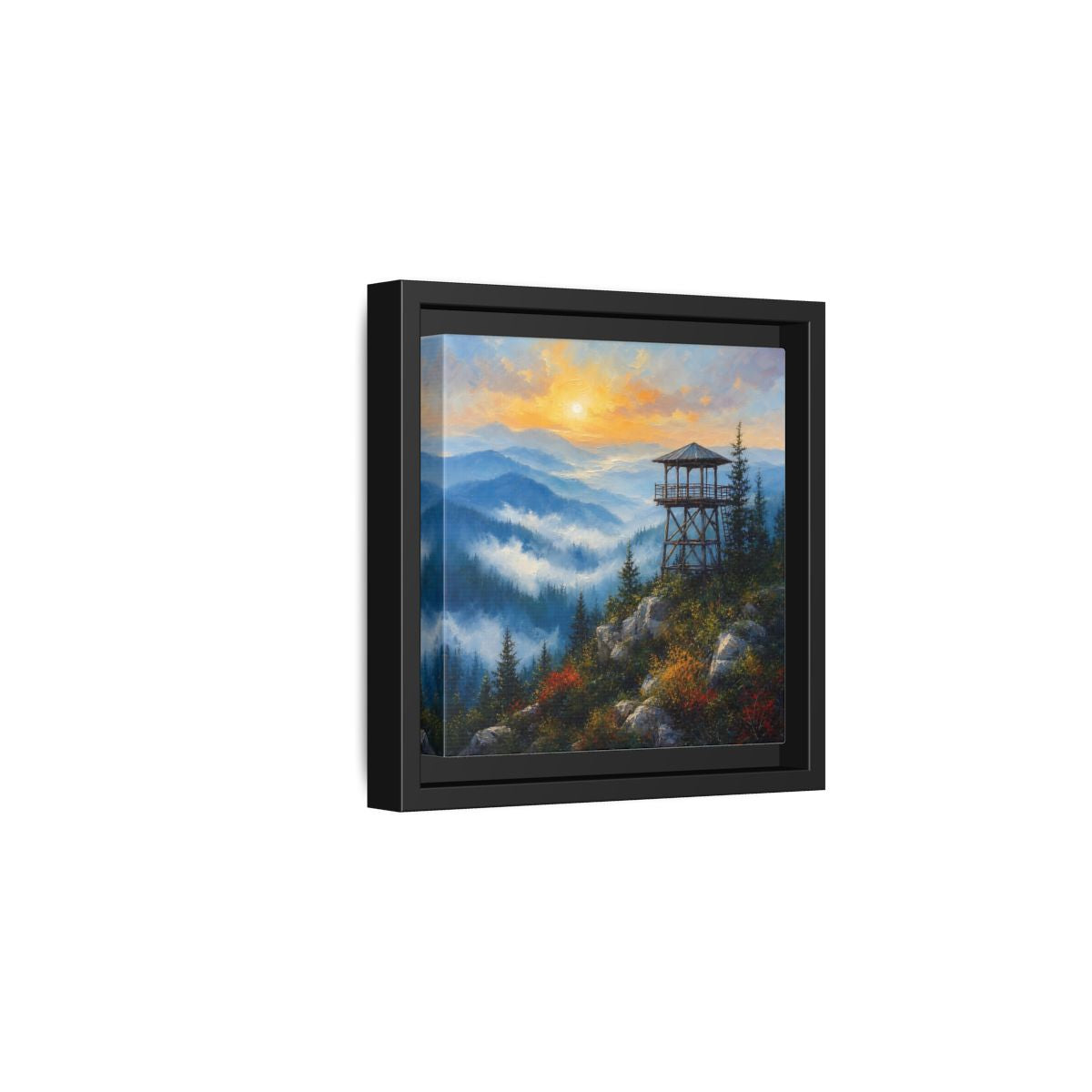 Side Mockup 3. Nature Lookout Tower Mountain Sunset shown as stretched canvas wall art