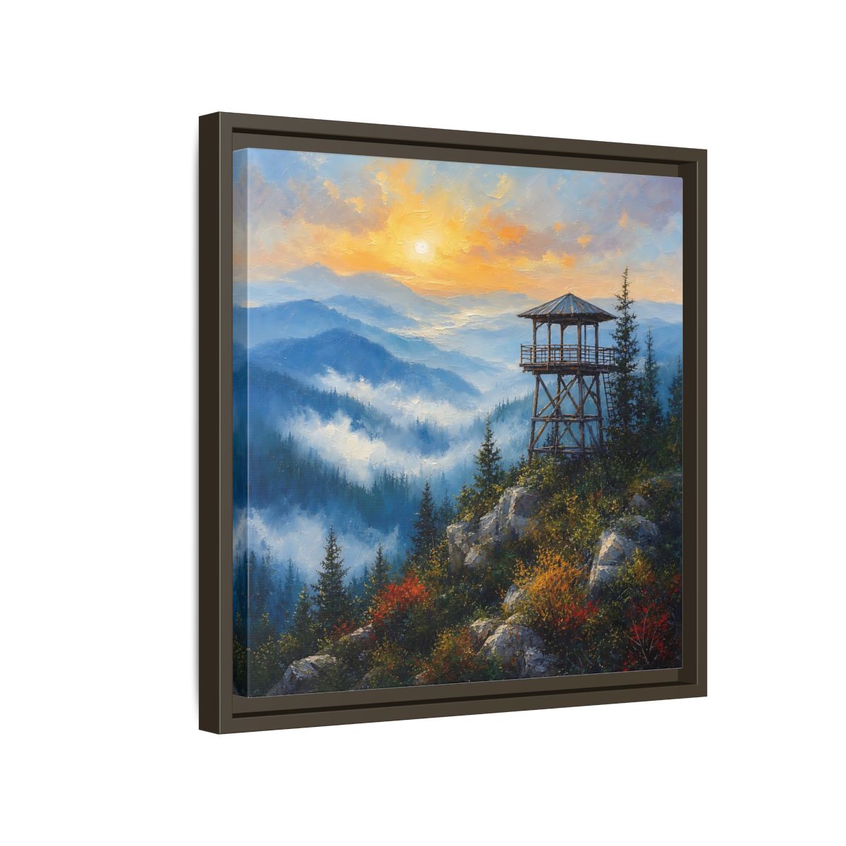 Side Mockup 14. Nature Lookout Tower Mountain Sunset shown as stretched canvas wall art