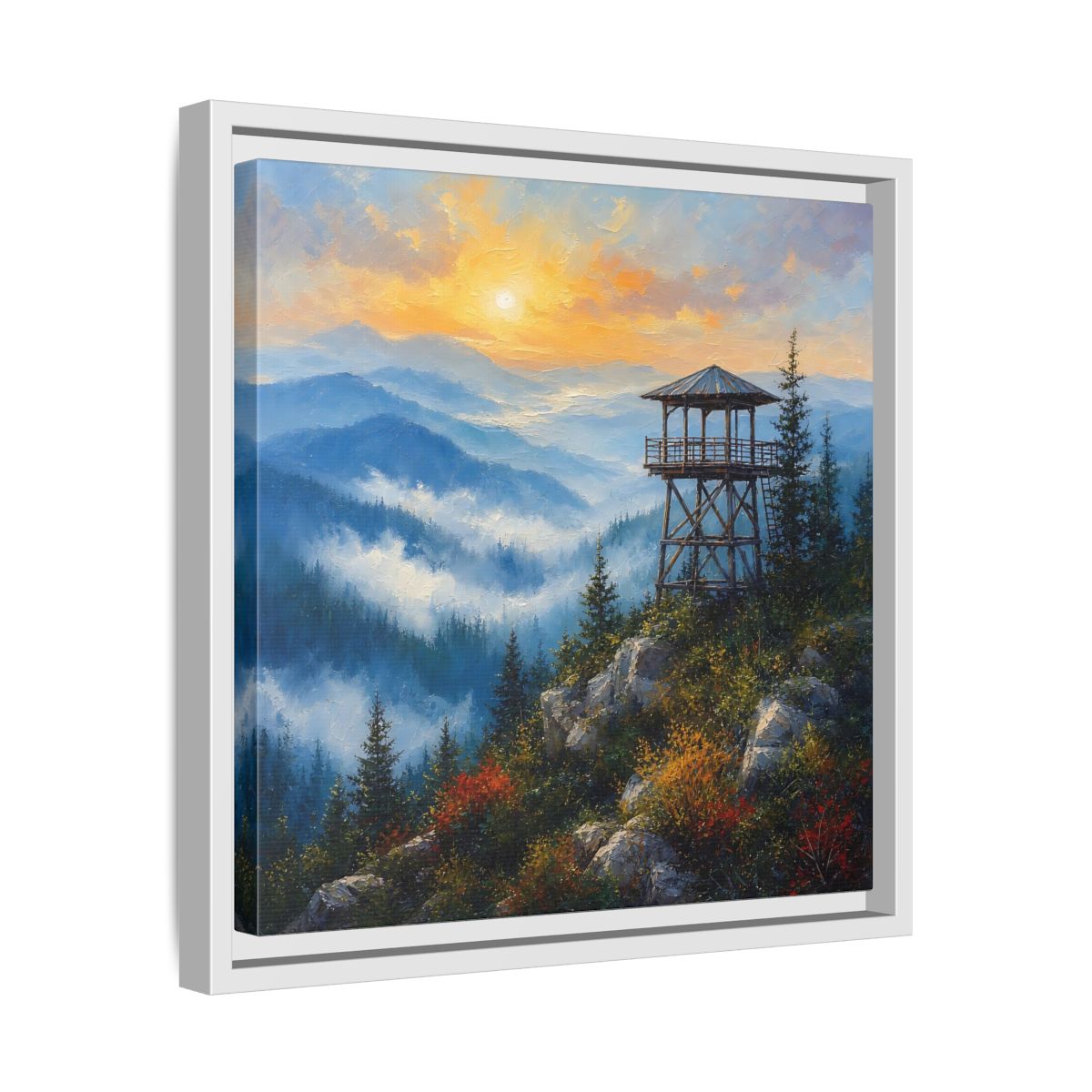 Side Mockup 28. Nature Lookout Tower Mountain Sunset shown as stretched canvas wall art