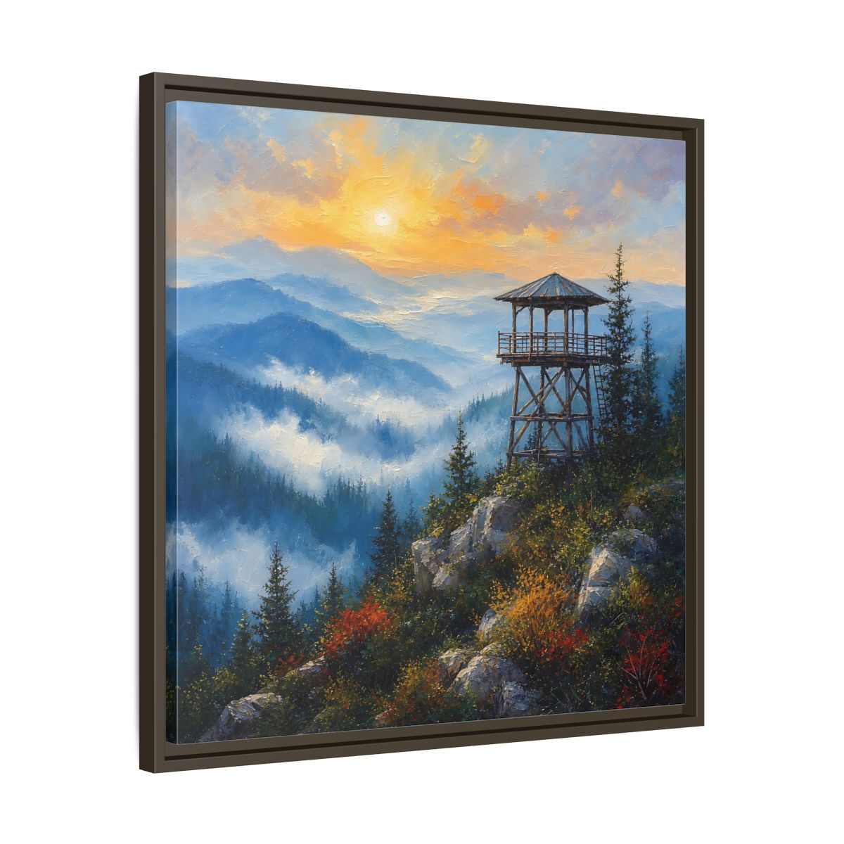 Side Mockup 27. Nature Lookout Tower Mountain Sunset shown as stretched canvas wall art
