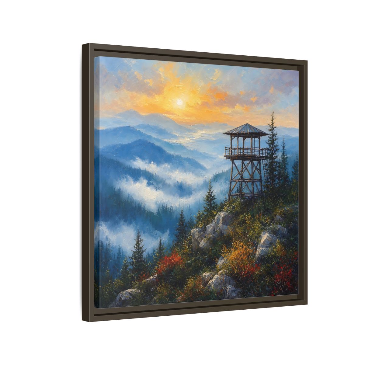 Side Mockup 11. Nature Lookout Tower Mountain Sunset shown as stretched canvas wall art